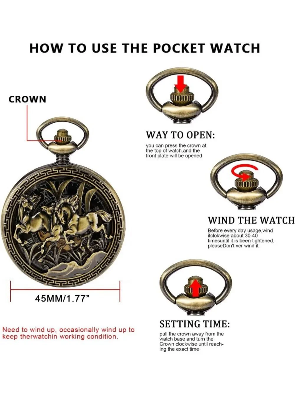 Men's Gold Bronze Horse Skeleton Roman Numerals Hollow Mechanical Pocket Watch